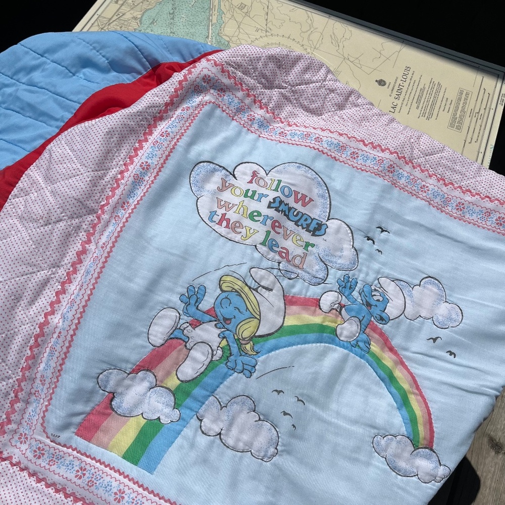 Vintage Handmade Smurfs Quilt